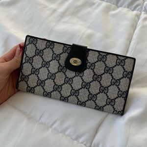 Vintage Gucci Bifold Long Wallet Blue Canvas